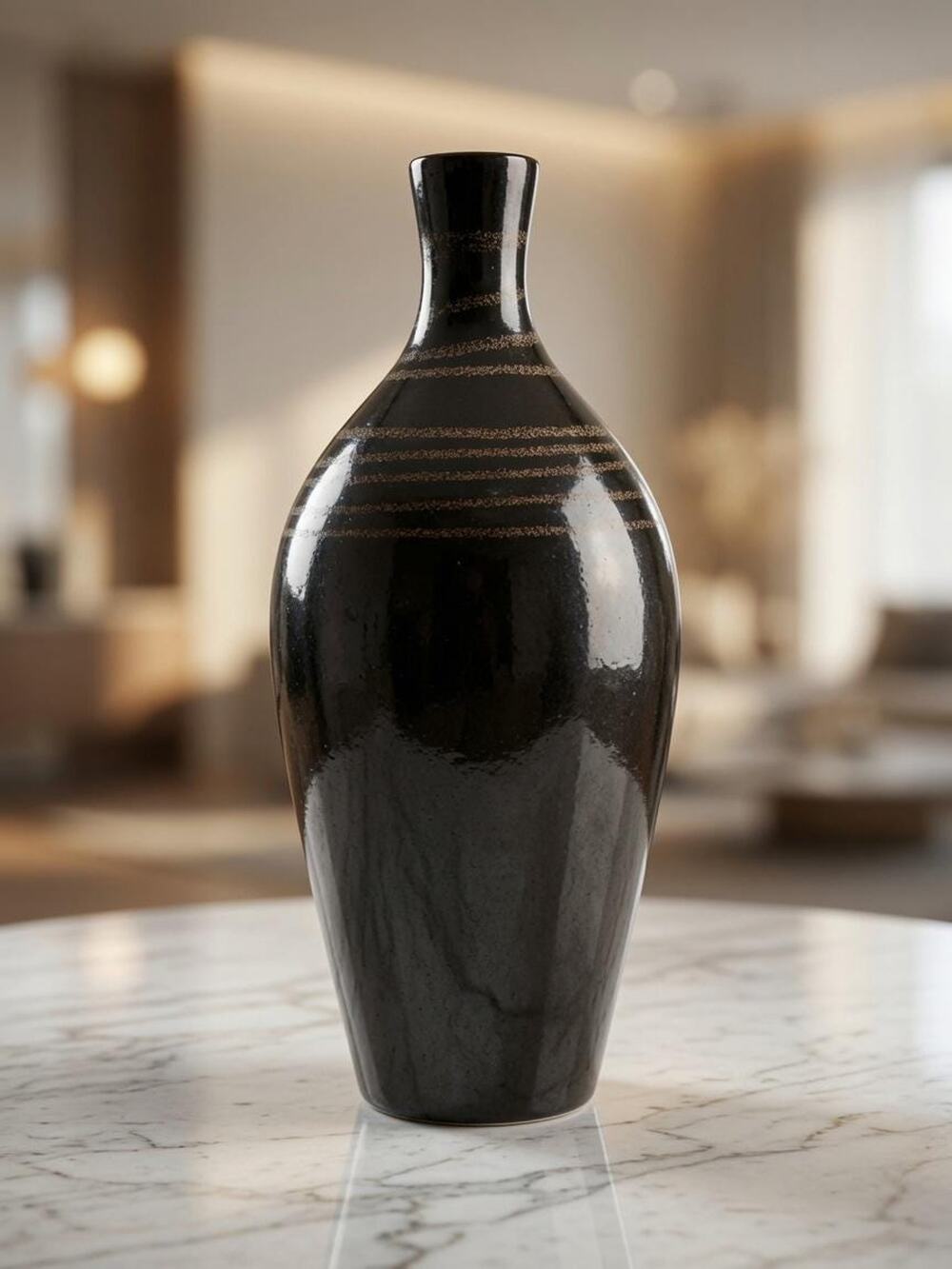 Vintage Mid Century Modern Black Glazed Studio Pottery Vase Gold Stripe Detail